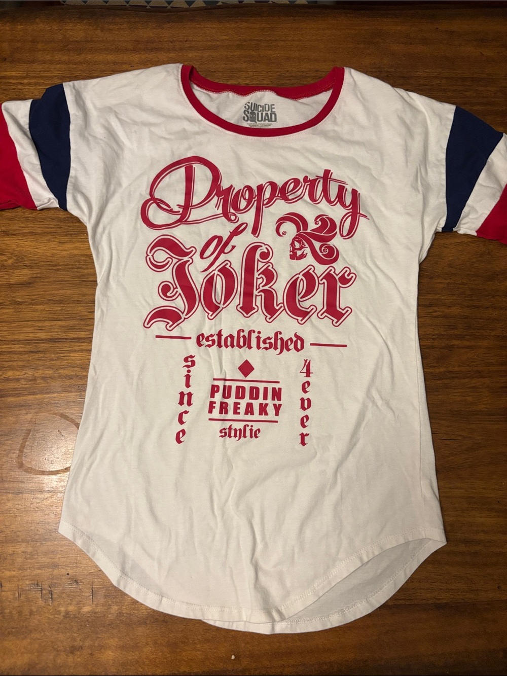 Suicide Squad 'Property of Joker' White Short Sleeve Tee with Red & Blue Accents